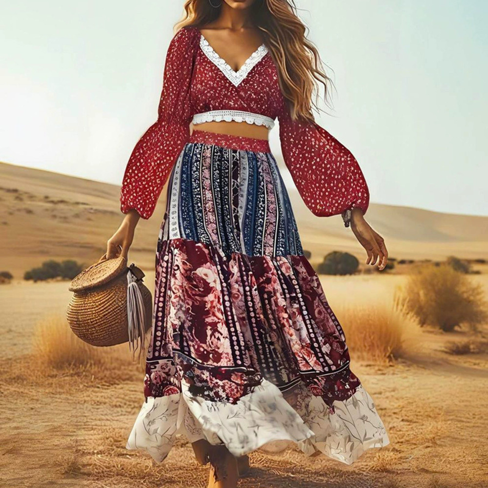 ZARA Bohemian Two Piece Outfit Collar Print Top Patchwork Skirt Set